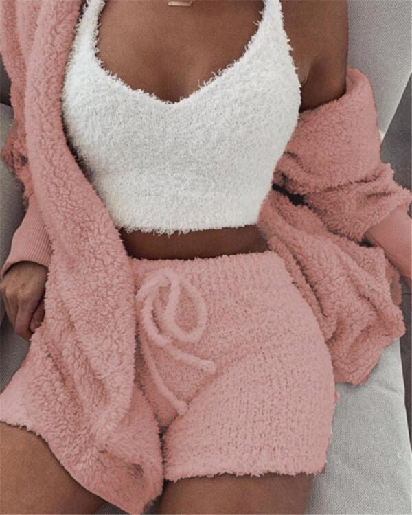 Women's 3-Piece Pajama Set – Long Sleeve Crop Top & Drawstring Shorts - Image 3
