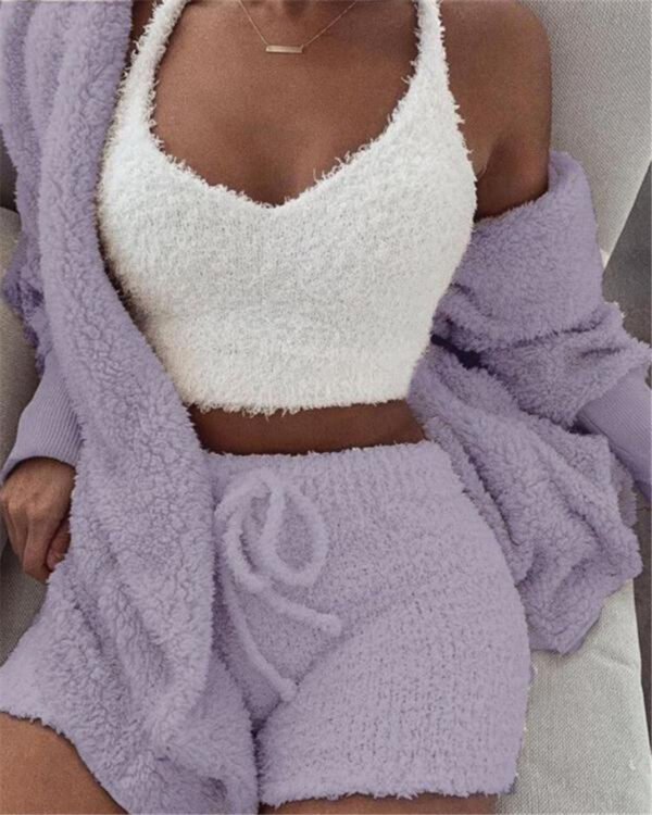 Women's 3-Piece Pajama Set – Long Sleeve Crop Top & Drawstring Shorts - Image 5