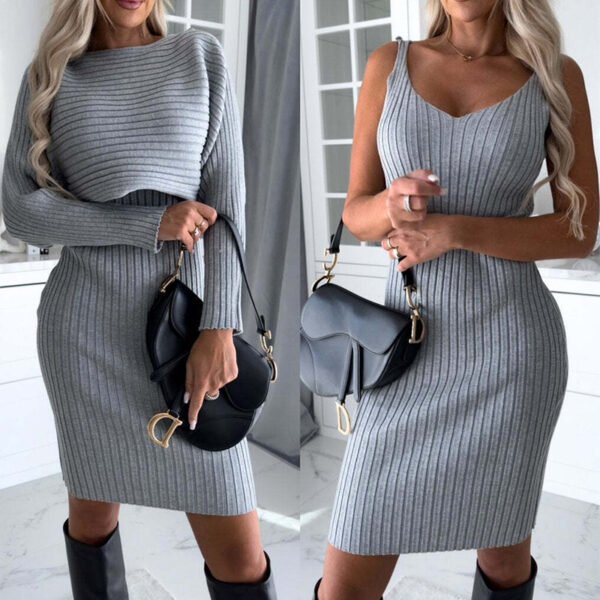 Women's 2-Piece Solid Stripe Suit – Long-Sleeve Top & Tight Suspender Skirt Set
